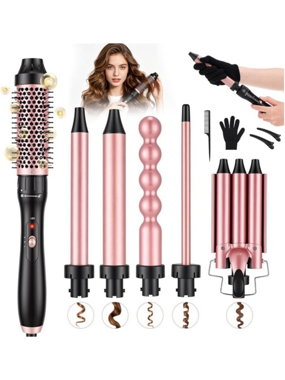 Versatile 6-in-1 Curling Iron Set with Multiple Barrel Sizes & Thermal Brush